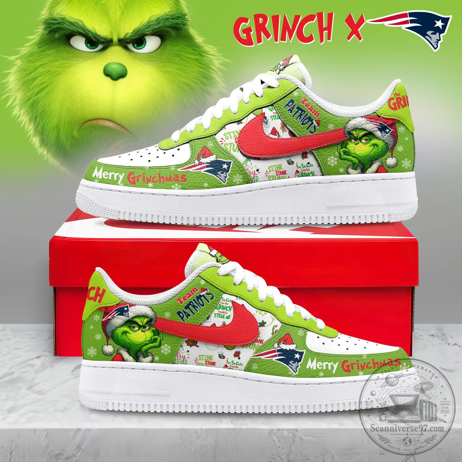 New England Patriots Grinch Christmas Custom Air Force 1 Shoes