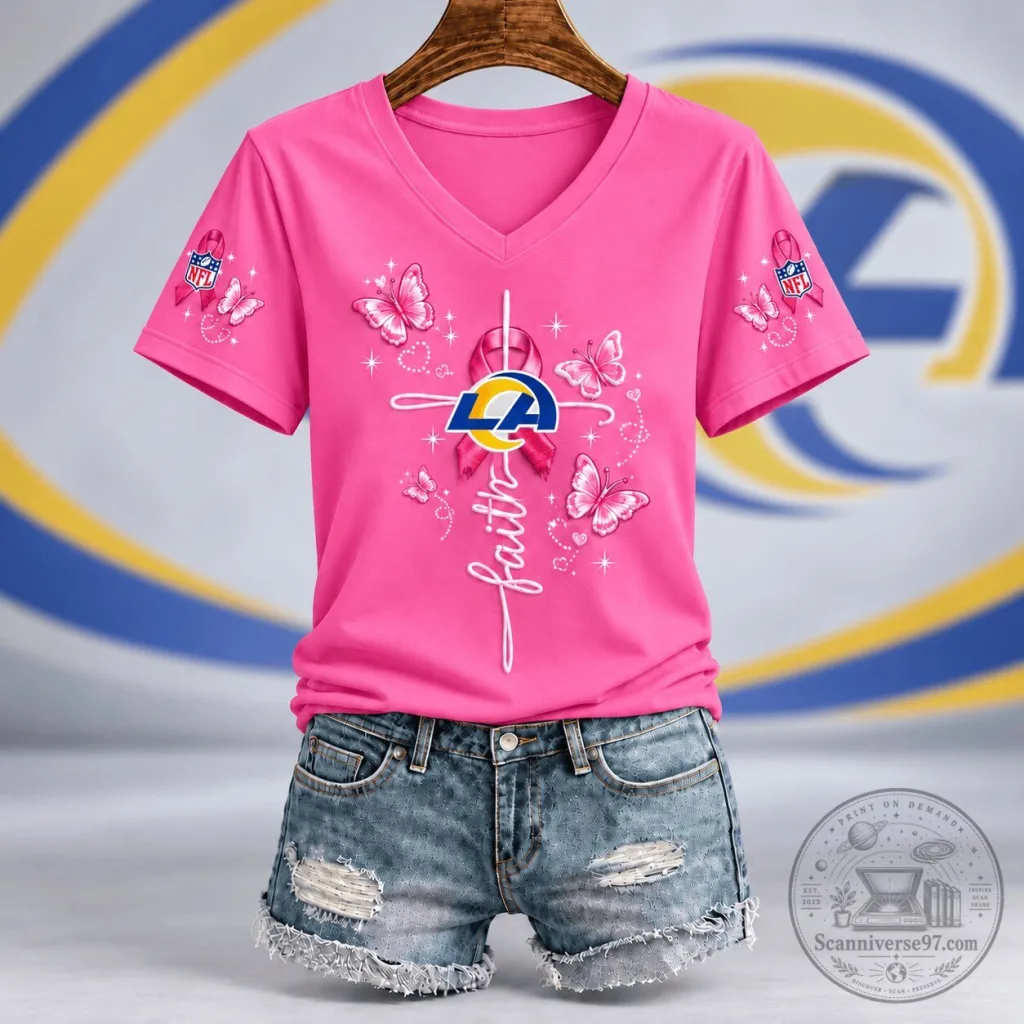 Los Angeles Rams NFL Faith Hope Love Breast Cancer Awareness V-Neck T-Shirt Los Angeles Rams NFL Faith Hope Love Breast Cancer Awareness V-Neck T-Shirt