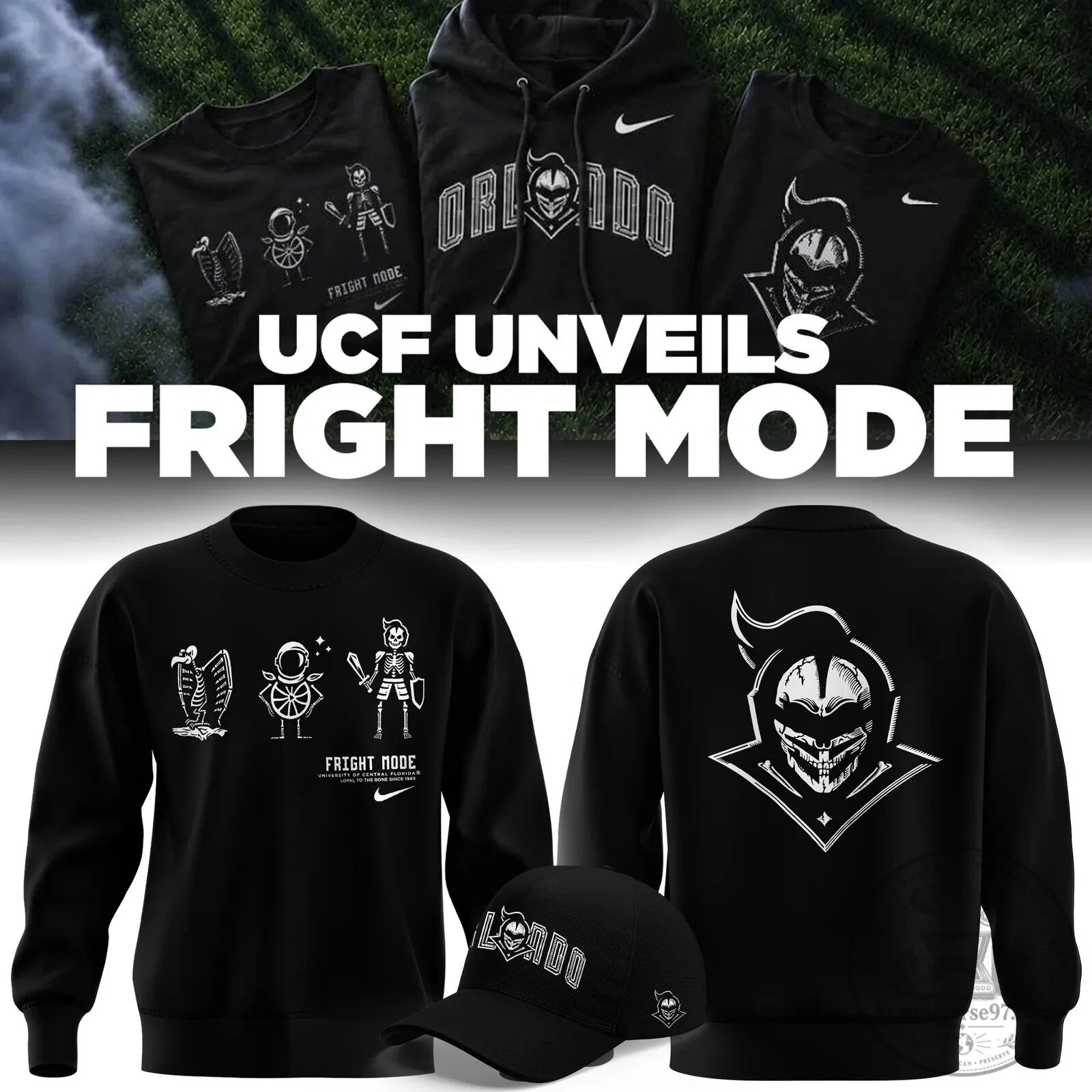 UCF Knights Fright Mode Orlando Skeleton Mascot Black Crewneck Sweatshirt