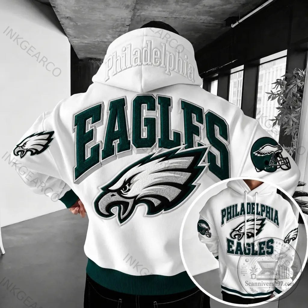 Philadelphia Eagles Football Team White Hoodie with Green Logo and Lettering Philadelphia Eagles Football Team White Hoodie with Green Logo and Lettering