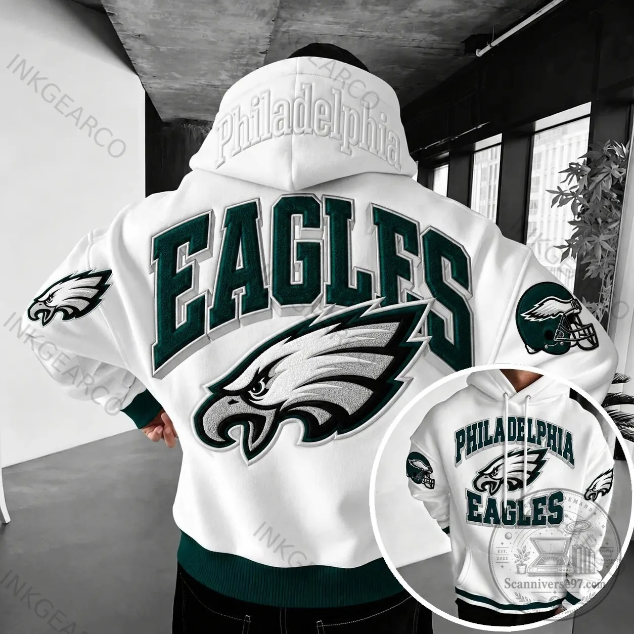 Philadelphia Eagles Football Team White Hoodie with Green Logo and Lettering