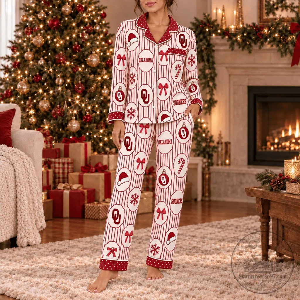 Oklahoma Sooners Christmas Button Up Long Sleeve Pajamas Set Oklahoma Sooners Christmas Button Up Long Sleeve Pajamas Set