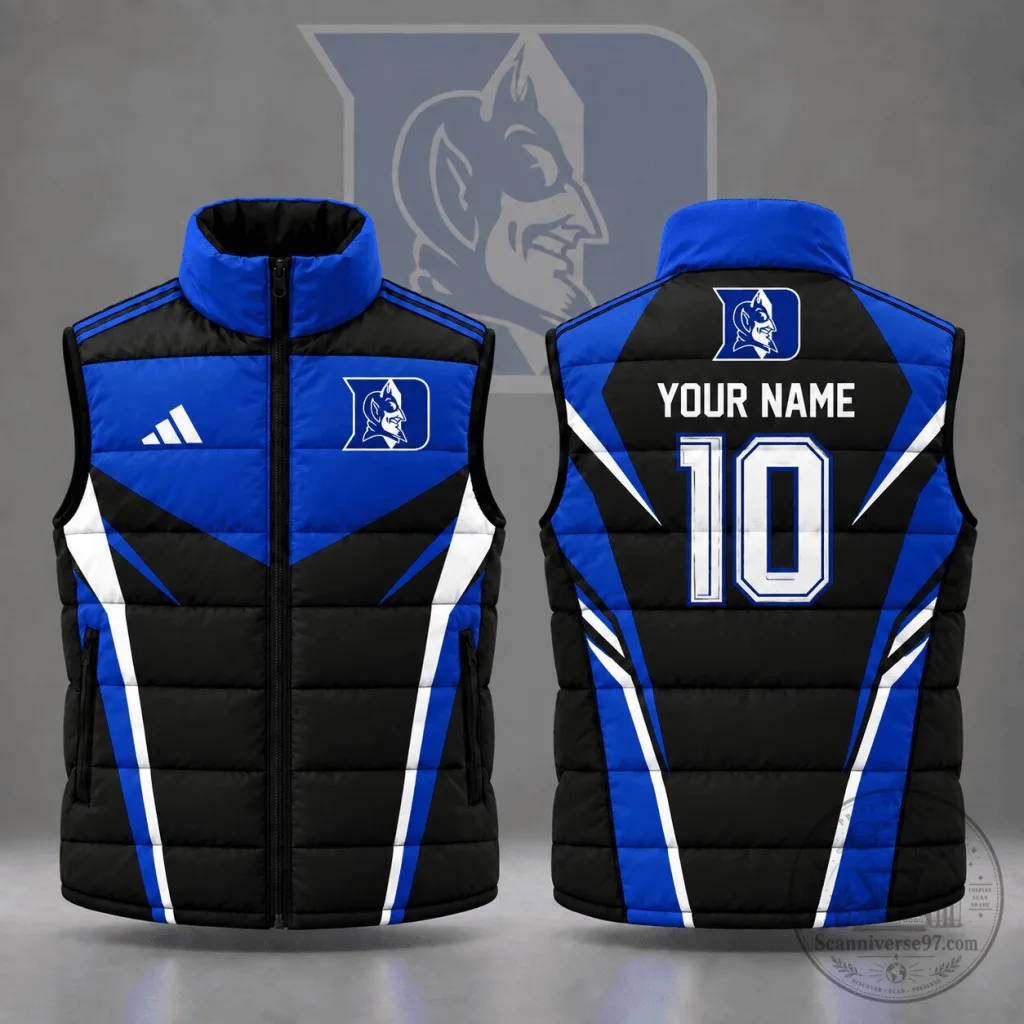 Duke Blue Devils Custom Name Number Geometric Colorblock Full Zip Puffer Vest Duke Blue Devils Custom Name Number Geometric Colorblock Full Zip Puffer Vest