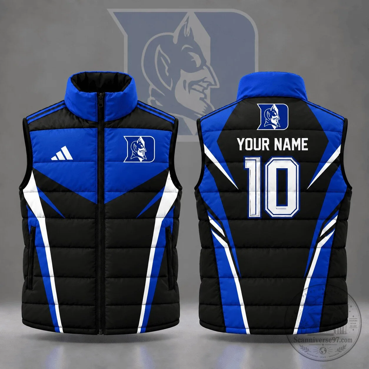 Duke Blue Devils Custom Name Number Geometric Colorblock Full Zip Puffer Vest 1 Duke Blue Devils Custom Name Number Geometric Colorblock Full Zip Puffer Vest