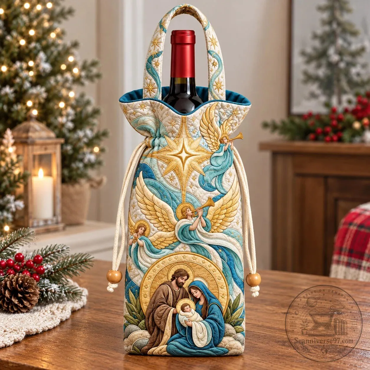 Nativity Scene Angels of Bethlehem Quilted Wine Bottle Carrier Bag