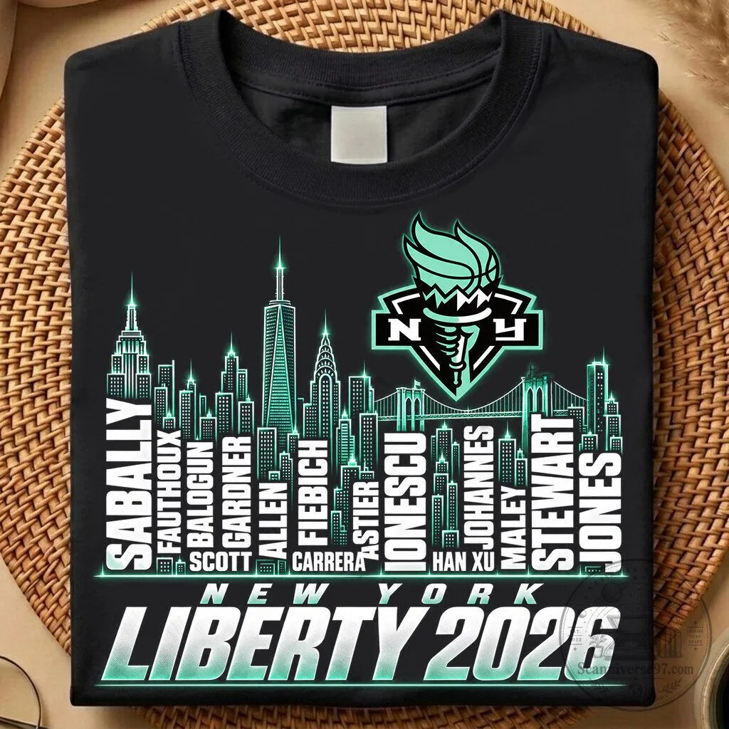 New York Liberty 2026 Basketball Team Roster Skyline Black T-Shirt