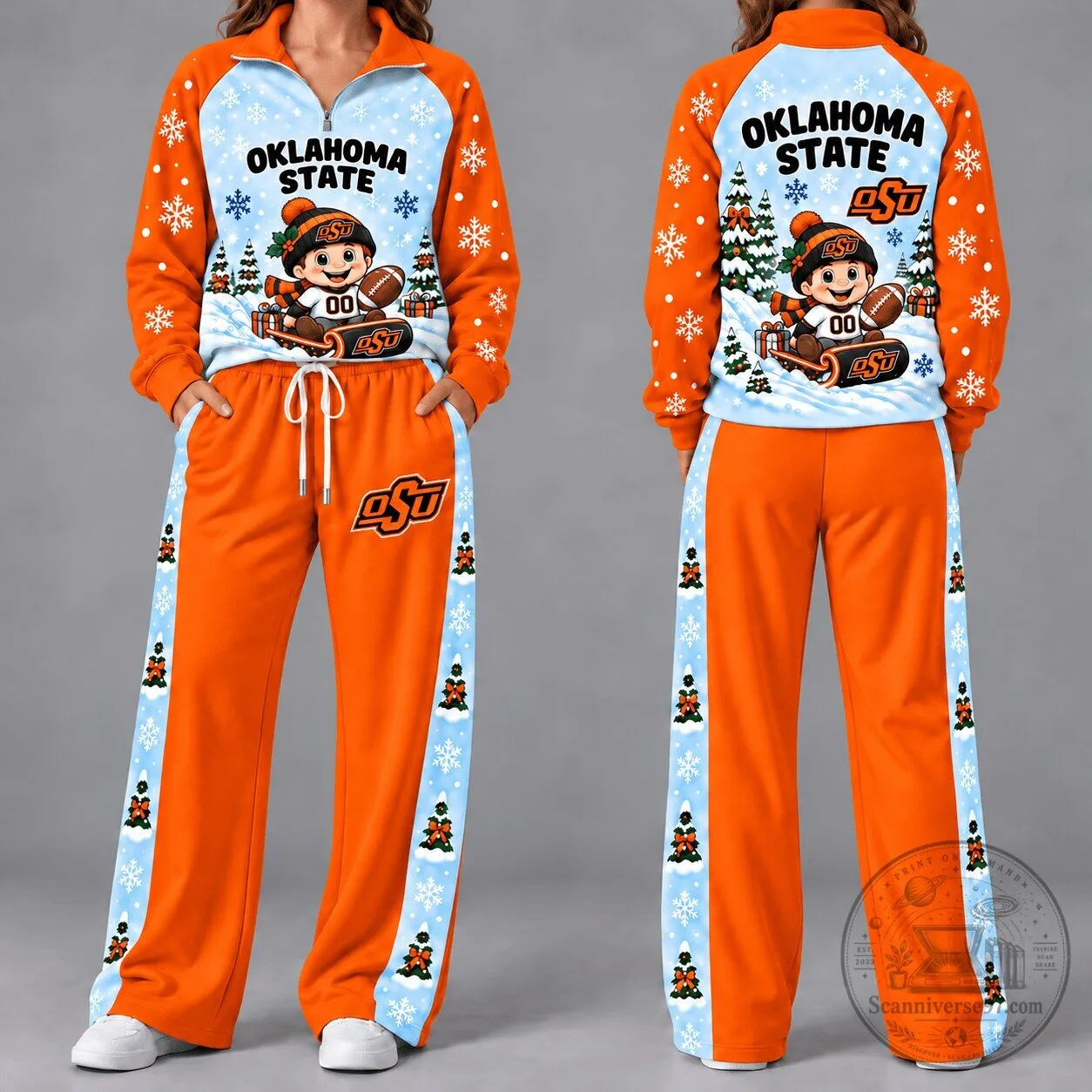 Oklahoma State Cowboys Christmas Snowflakes Winter Holiday Hoodie and Sweatpants Set