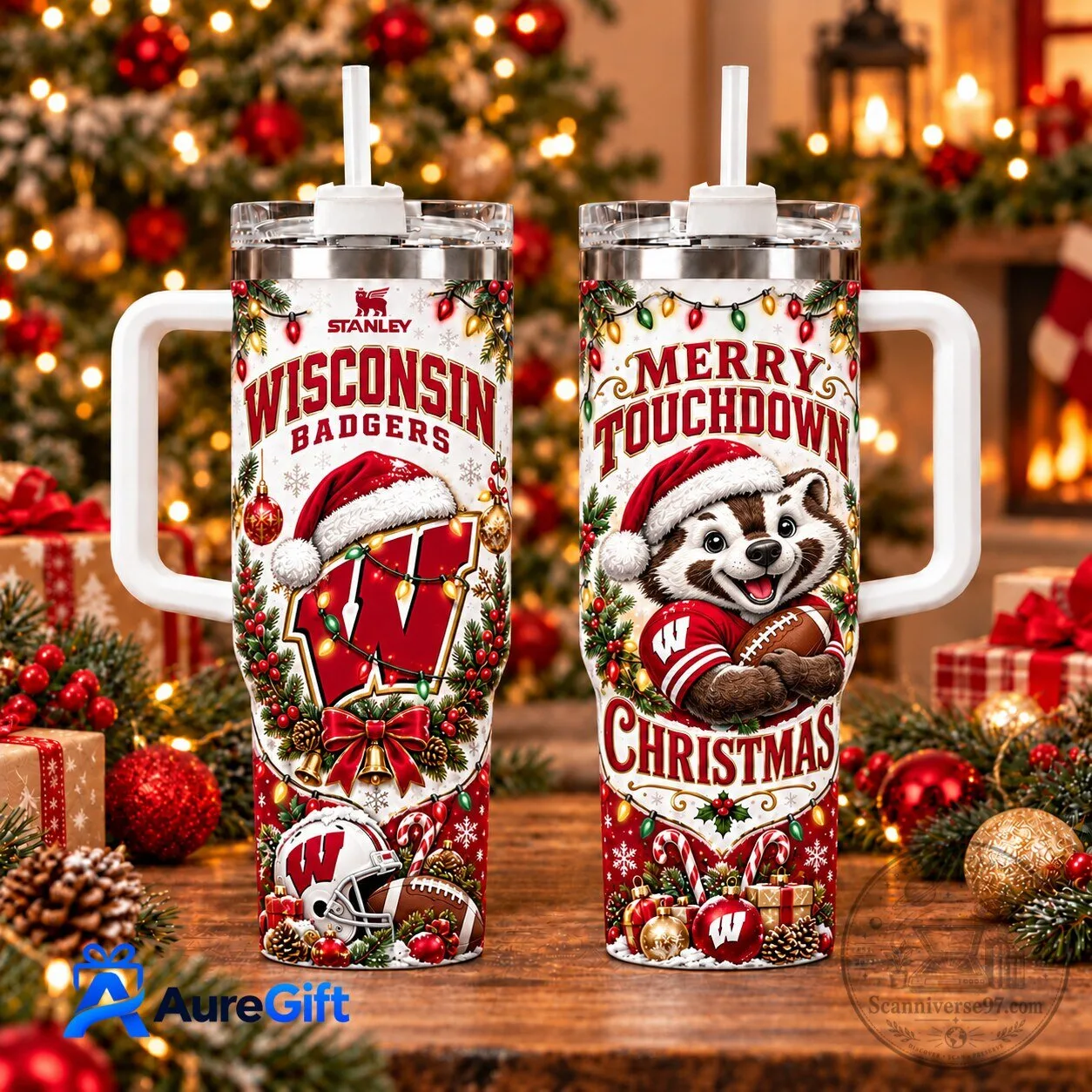 Wisconsin Badgers Merry Touchdown Christmas Stainless Steel Tumbler with Handle
