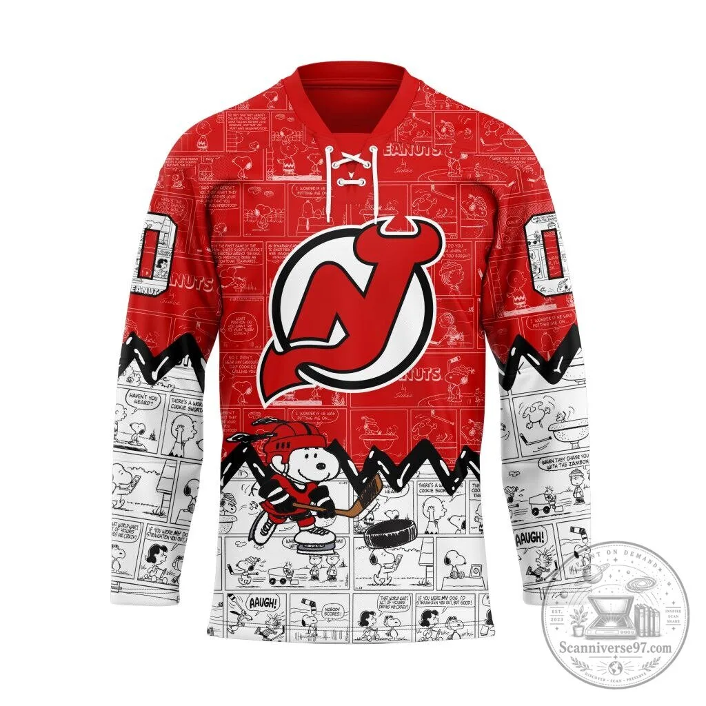 New Jersey Devils Snoopy Peanuts Comic Strip Lace Up Hockey Jersey 2 New Jersey Devils Snoopy Peanuts Comic Strip Lace Up Hockey Jersey