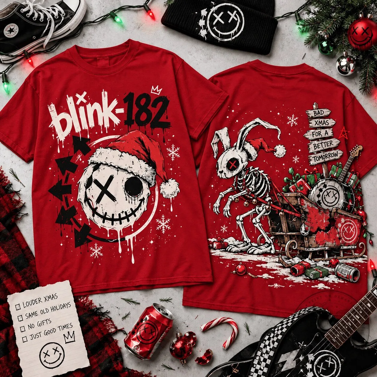 Blink-182 Skeleton Bunny Christmas Holiday Pop Punk Fan T-Shirt