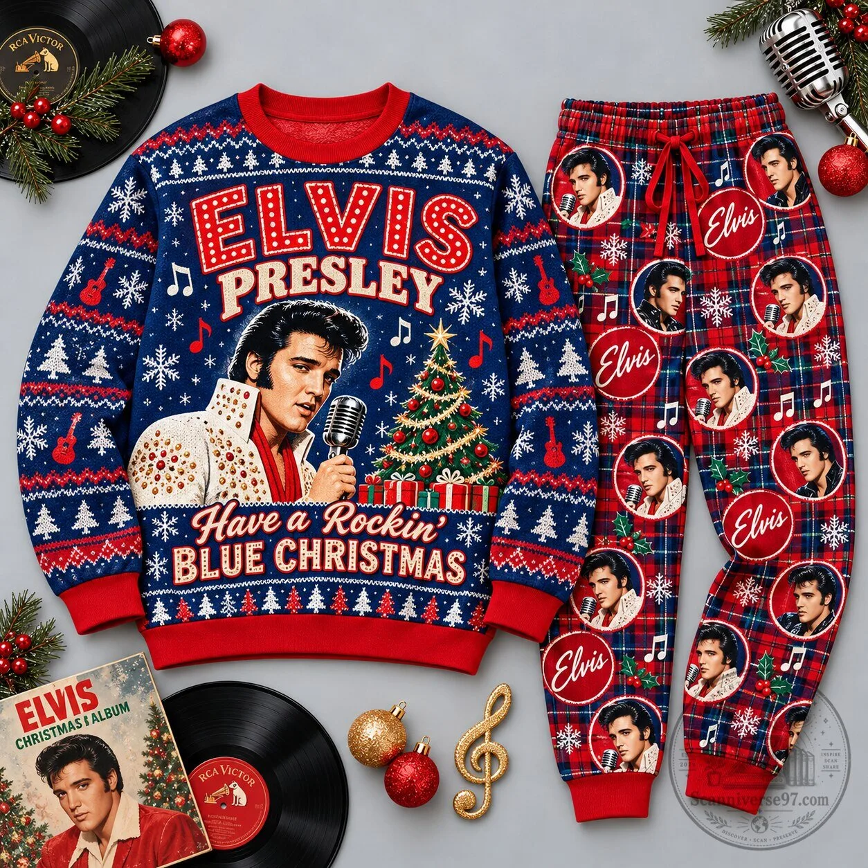 Elvis Presley Have a Rockin Blue Christmas Ugly Sweater and Pants Set