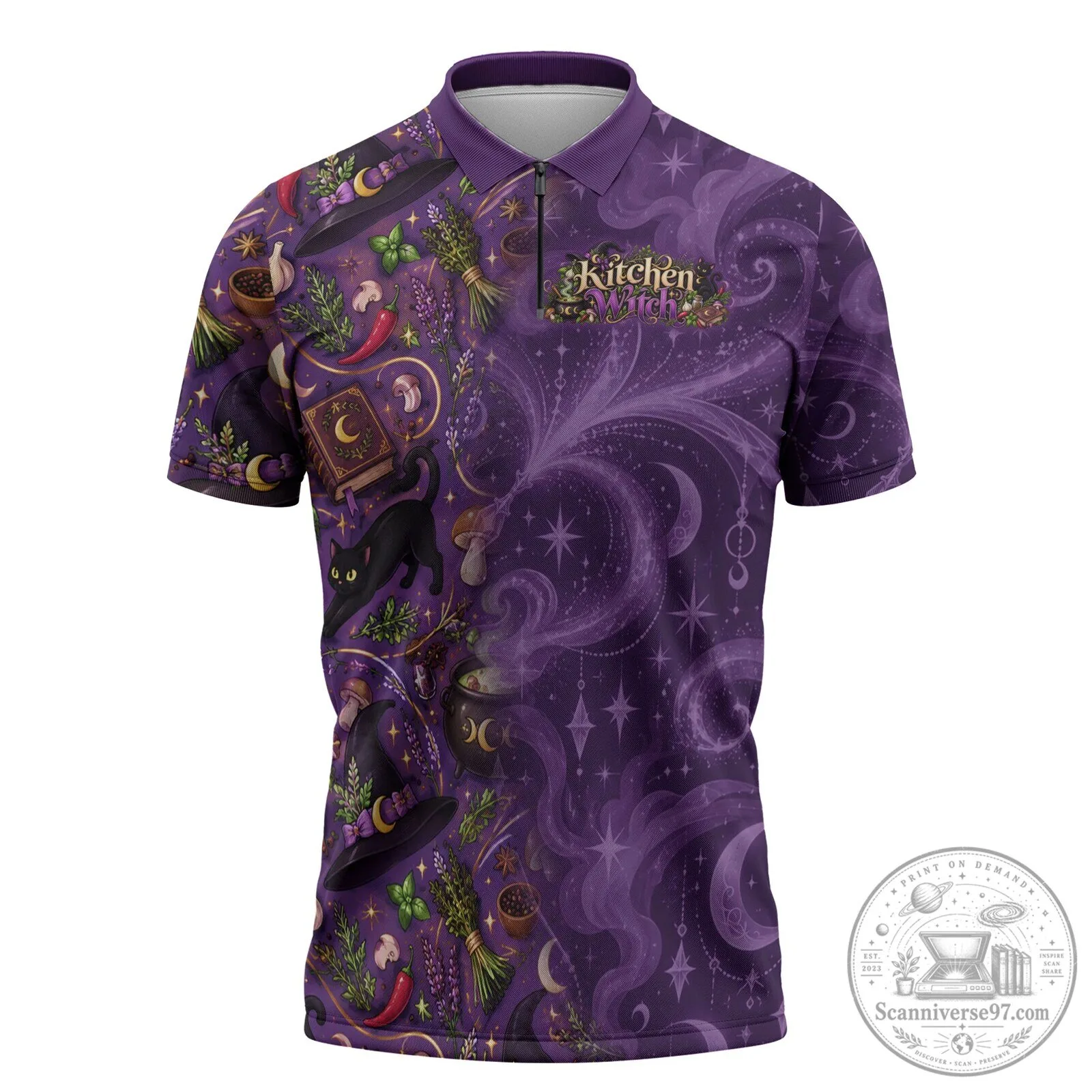 Kitchen Witch Mystical Herbs and Black Cat Purple Zipper Polo Shirt 4 Kitchen Witch Mystical Herbs and Black Cat Purple Zipper Polo Shirt