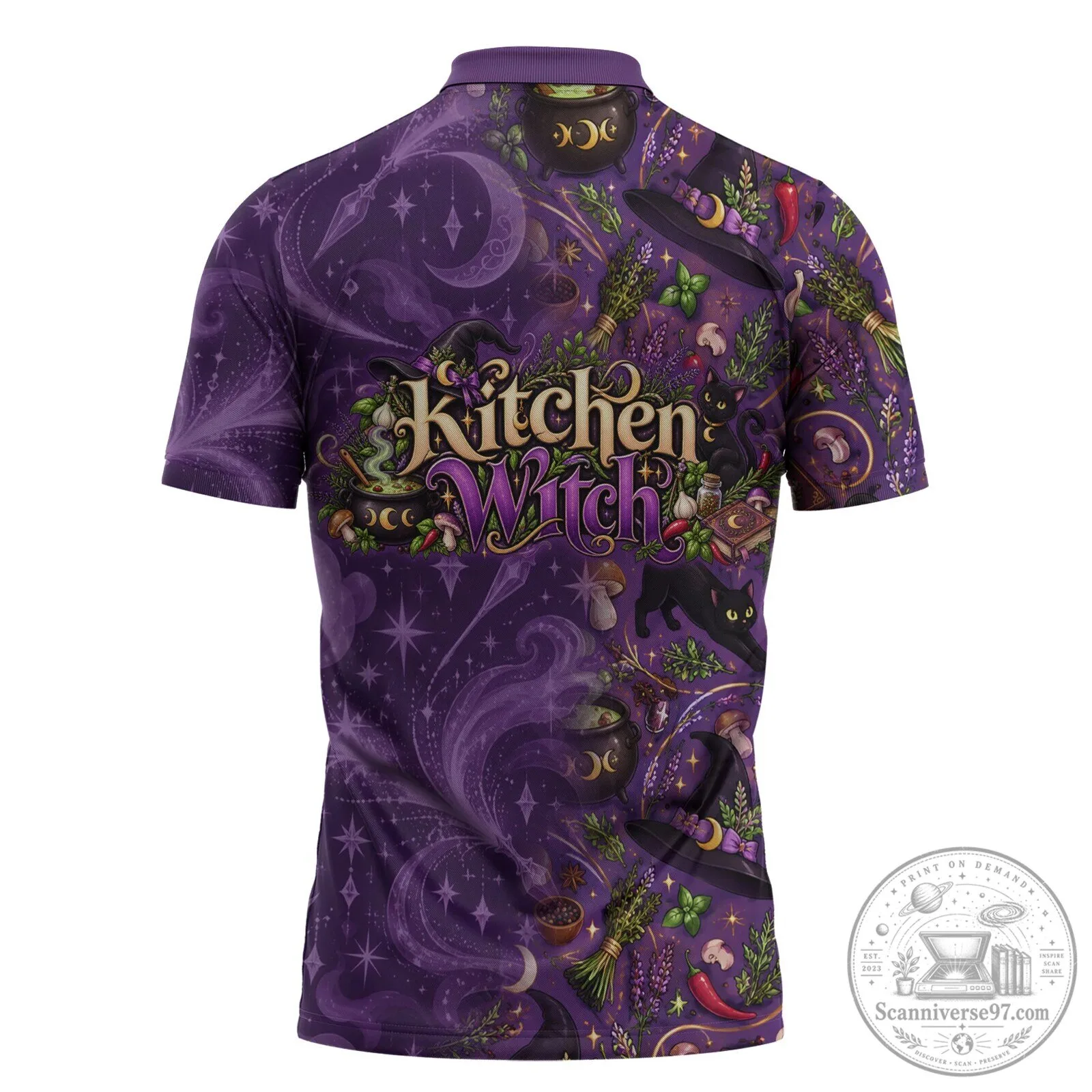 Kitchen Witch Mystical Herbs and Black Cat Purple Zipper Polo Shirt 5 Kitchen Witch Mystical Herbs and Black Cat Purple Zipper Polo Shirt