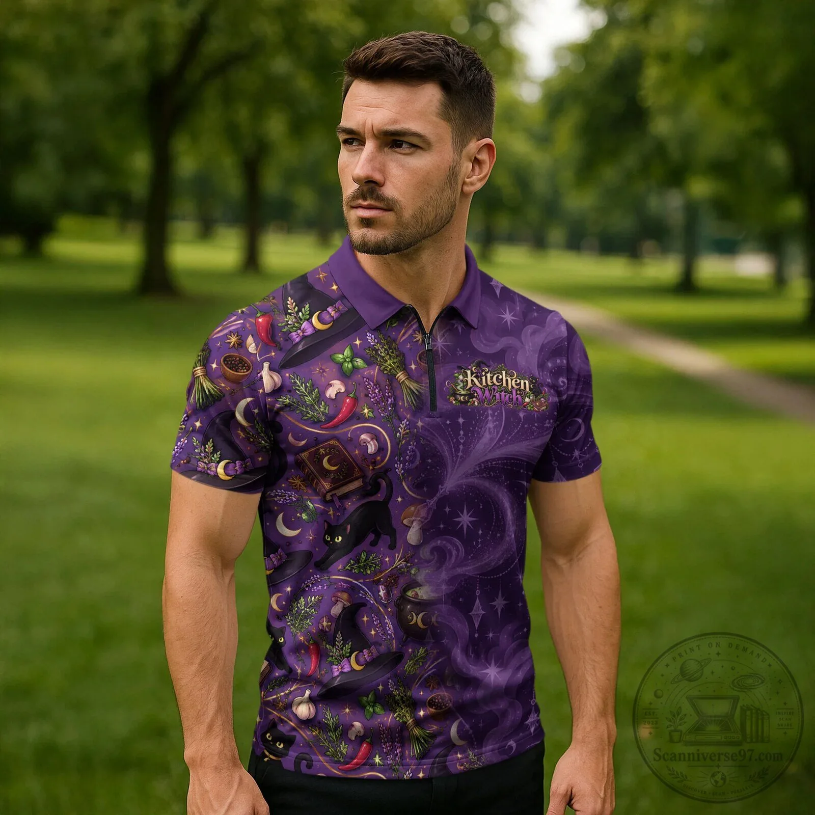 Kitchen Witch Mystical Herbs and Black Cat Purple Zipper Polo Shirt 6 Kitchen Witch Mystical Herbs and Black Cat Purple Zipper Polo Shirt