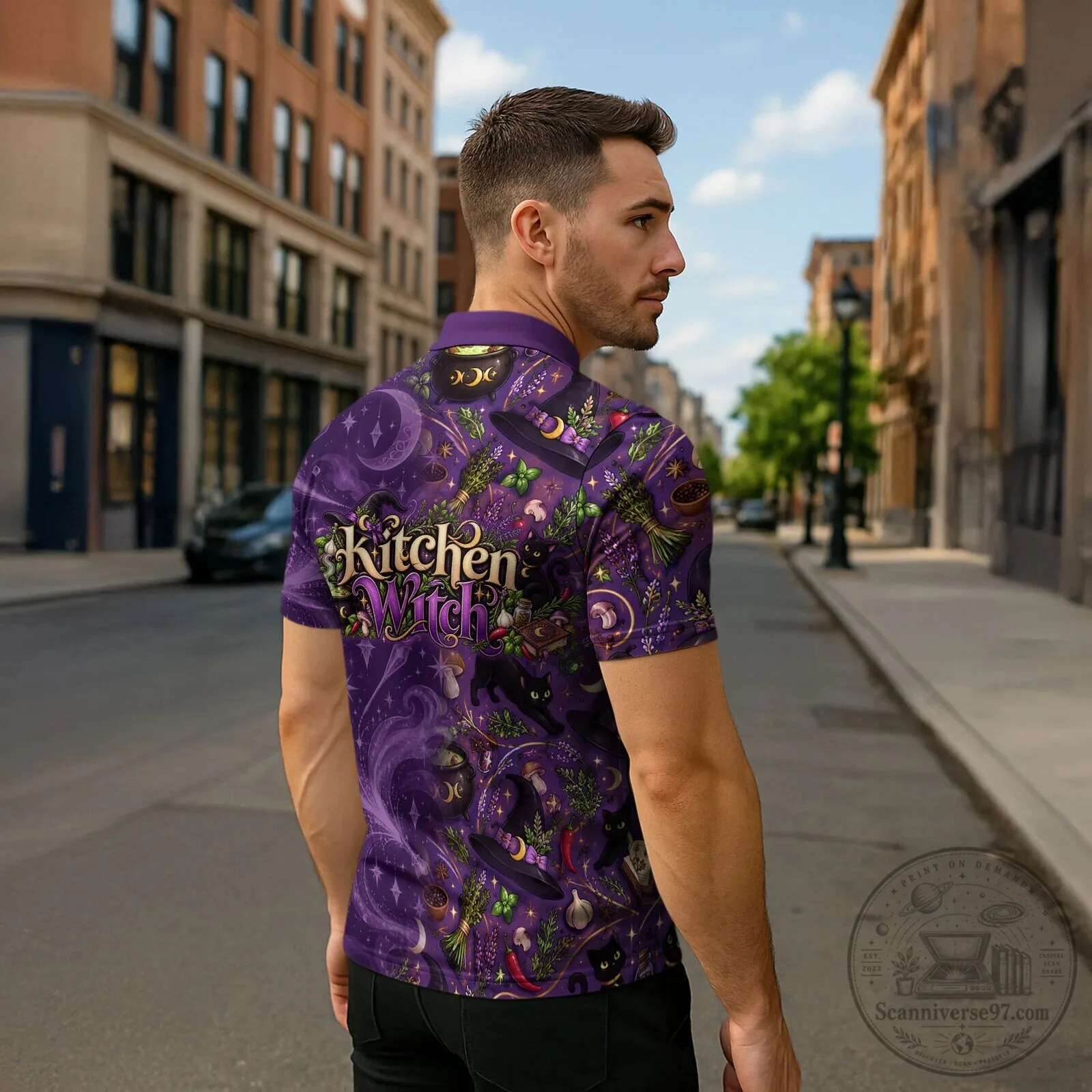 Kitchen Witch Mystical Herbs and Black Cat Purple Zipper Polo Shirt 7 Kitchen Witch Mystical Herbs and Black Cat Purple Zipper Polo Shirt
