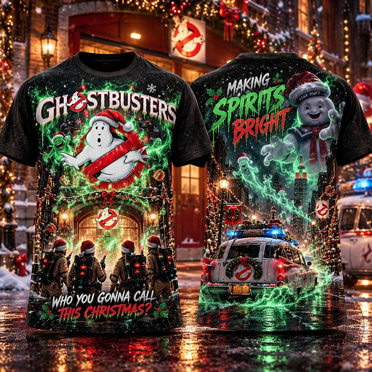Ghostbusters Christmas Slimer Stay Puft Marshmallow Man Ecto-1 Making Spirits Bright T-Shirt