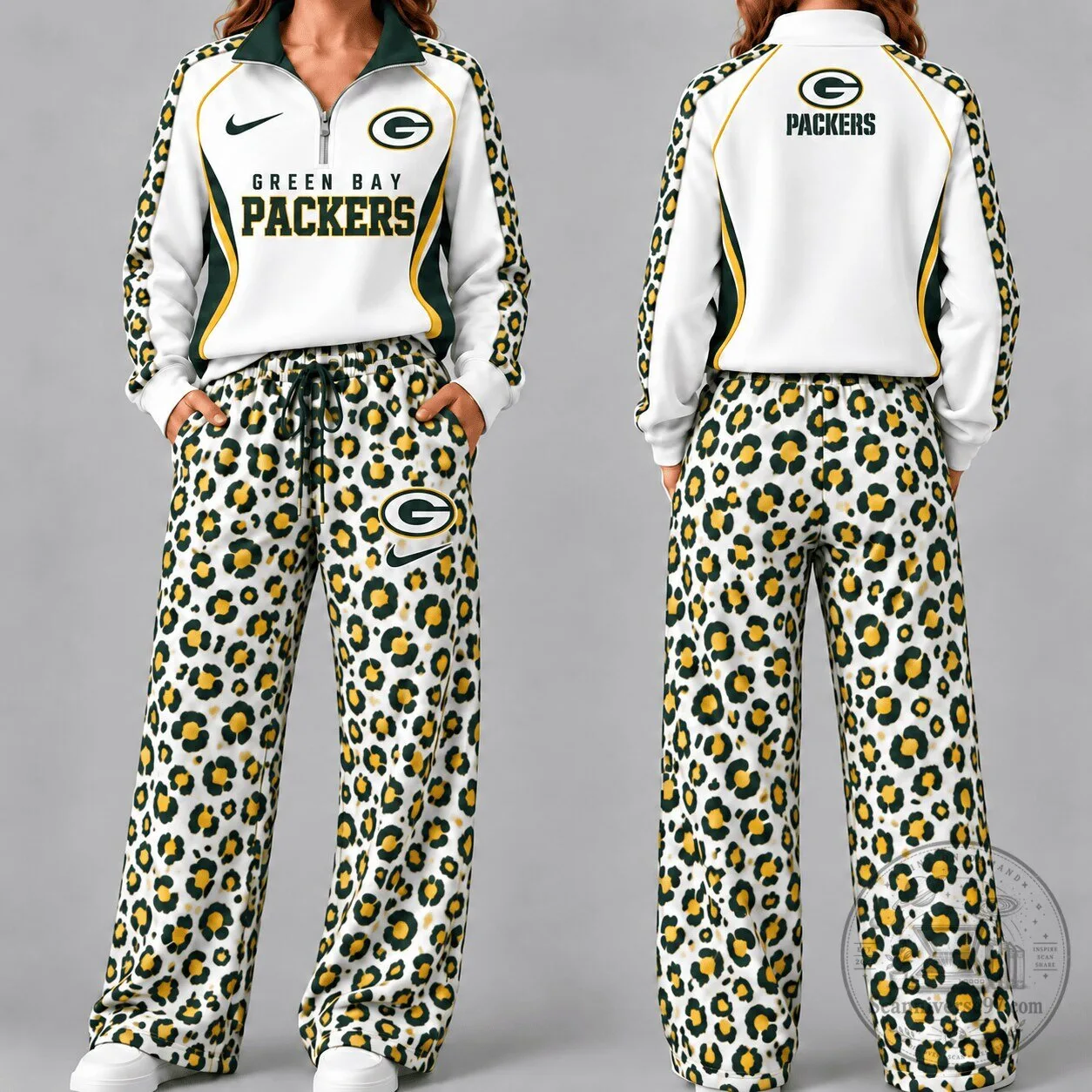 Green Bay Packers Leopard Print Quarter-Zip Pullover Hoodie and Pants Set