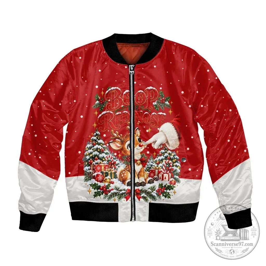 Christmas Reindeer Boop Red Nose Festive Winter Bomber Jacket