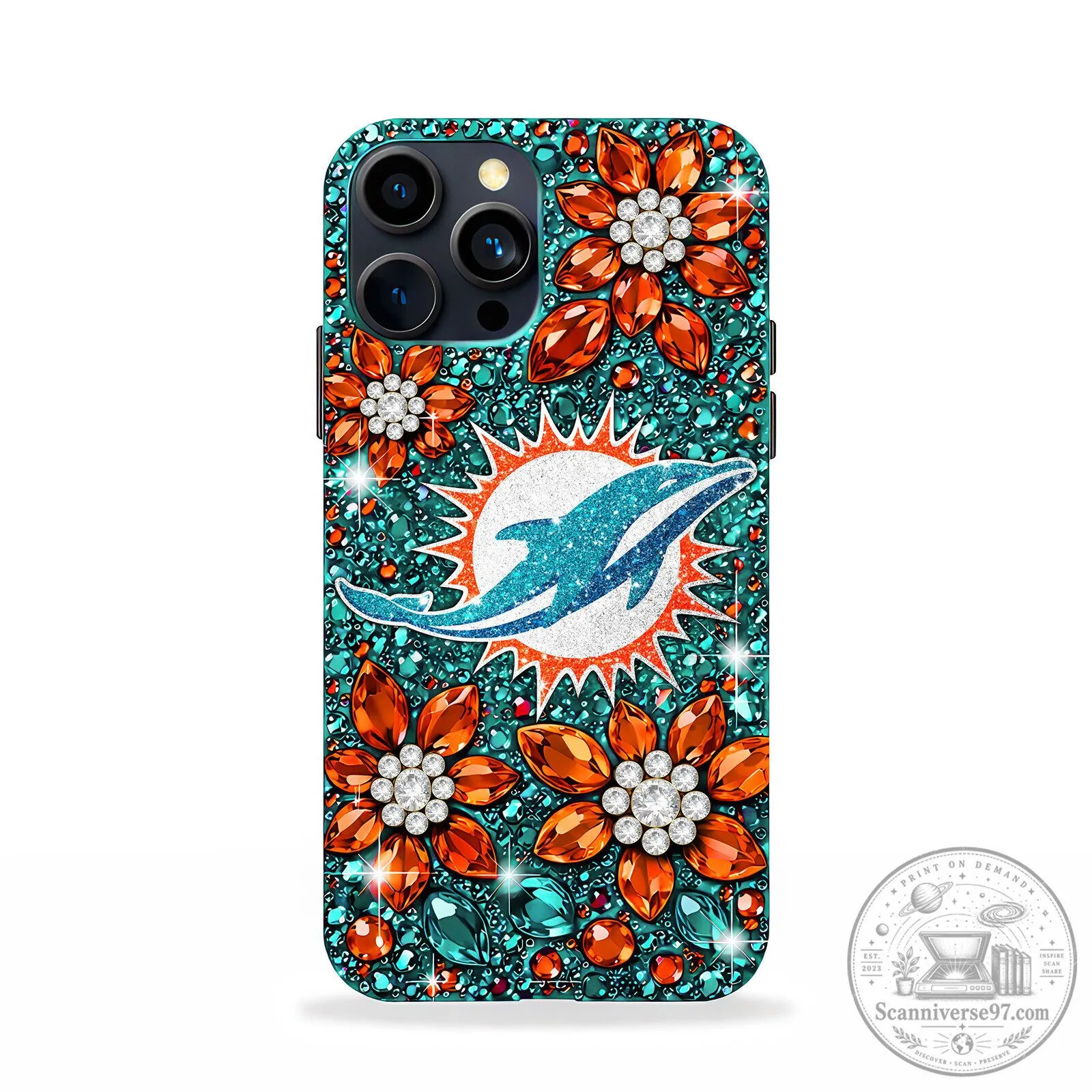 Miami Dolphins NFL Sparkle Rhinestone Flower Pattern Phone Case