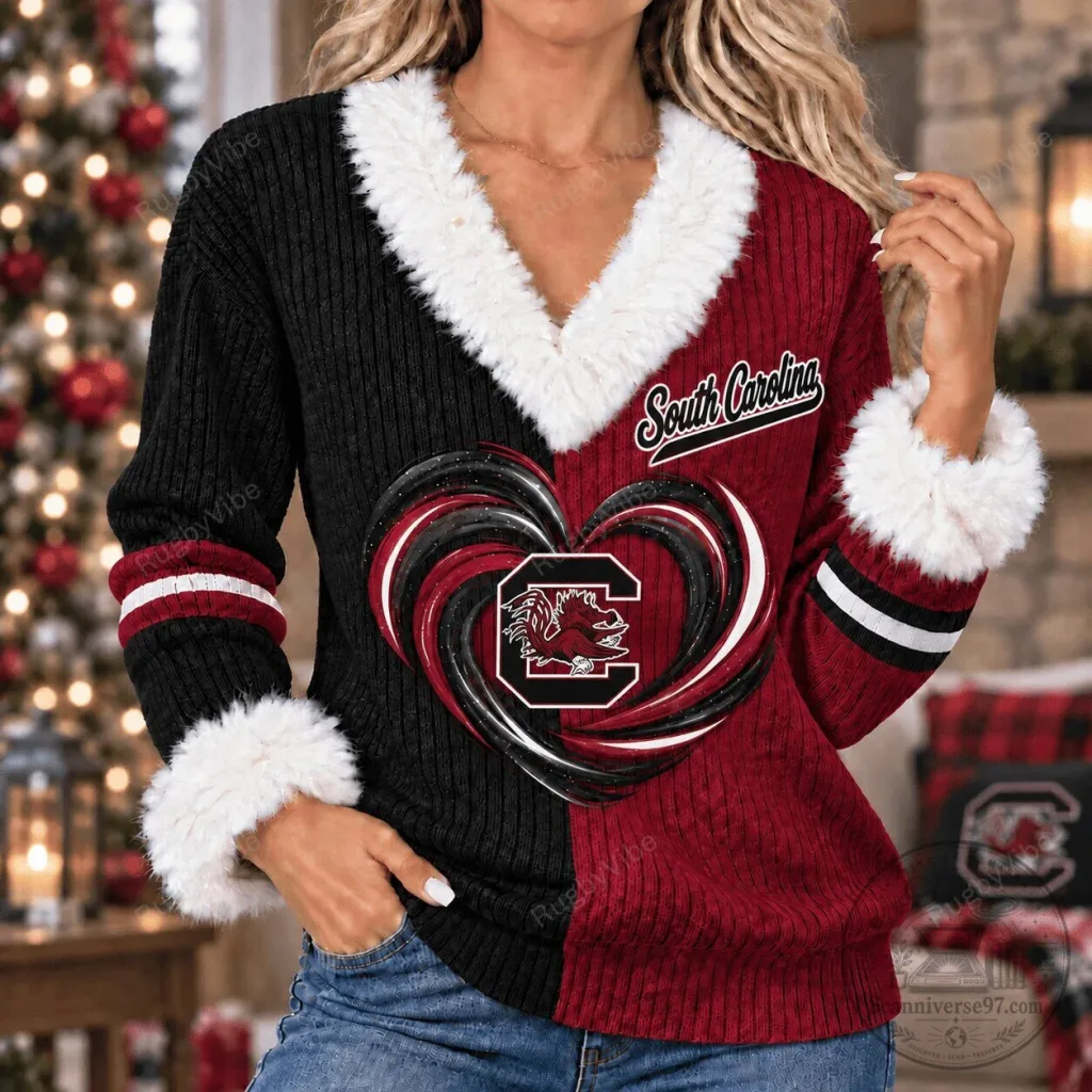 South Carolina Gamecocks Heart Logo Split Color Faux Fur Trim Sweater South Carolina Gamecocks Heart Logo Split Color Faux Fur Trim Sweater