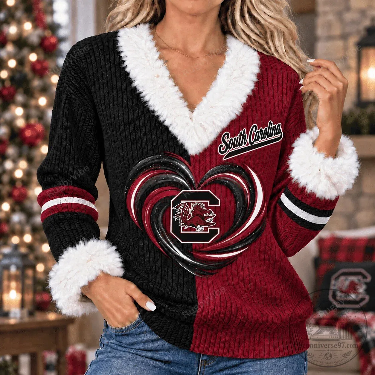 South Carolina Gamecocks Heart Logo Split Color Faux Fur Trim Sweater