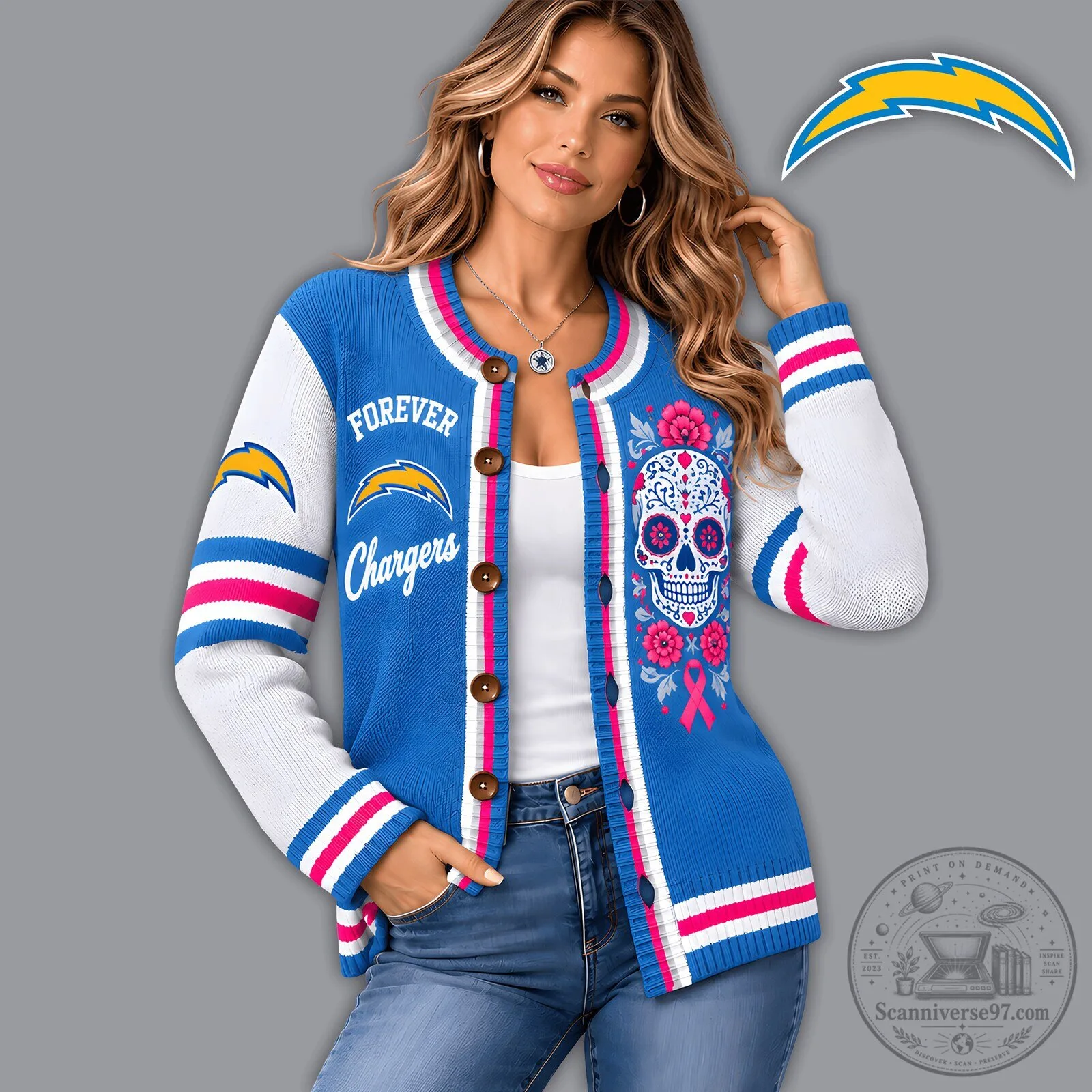 Los Angeles Chargers Sugar Skull Floral Knit Cardigan Sweater for Women 1 Los Angeles Chargers Sugar Skull Floral Knit Cardigan Sweater for Women