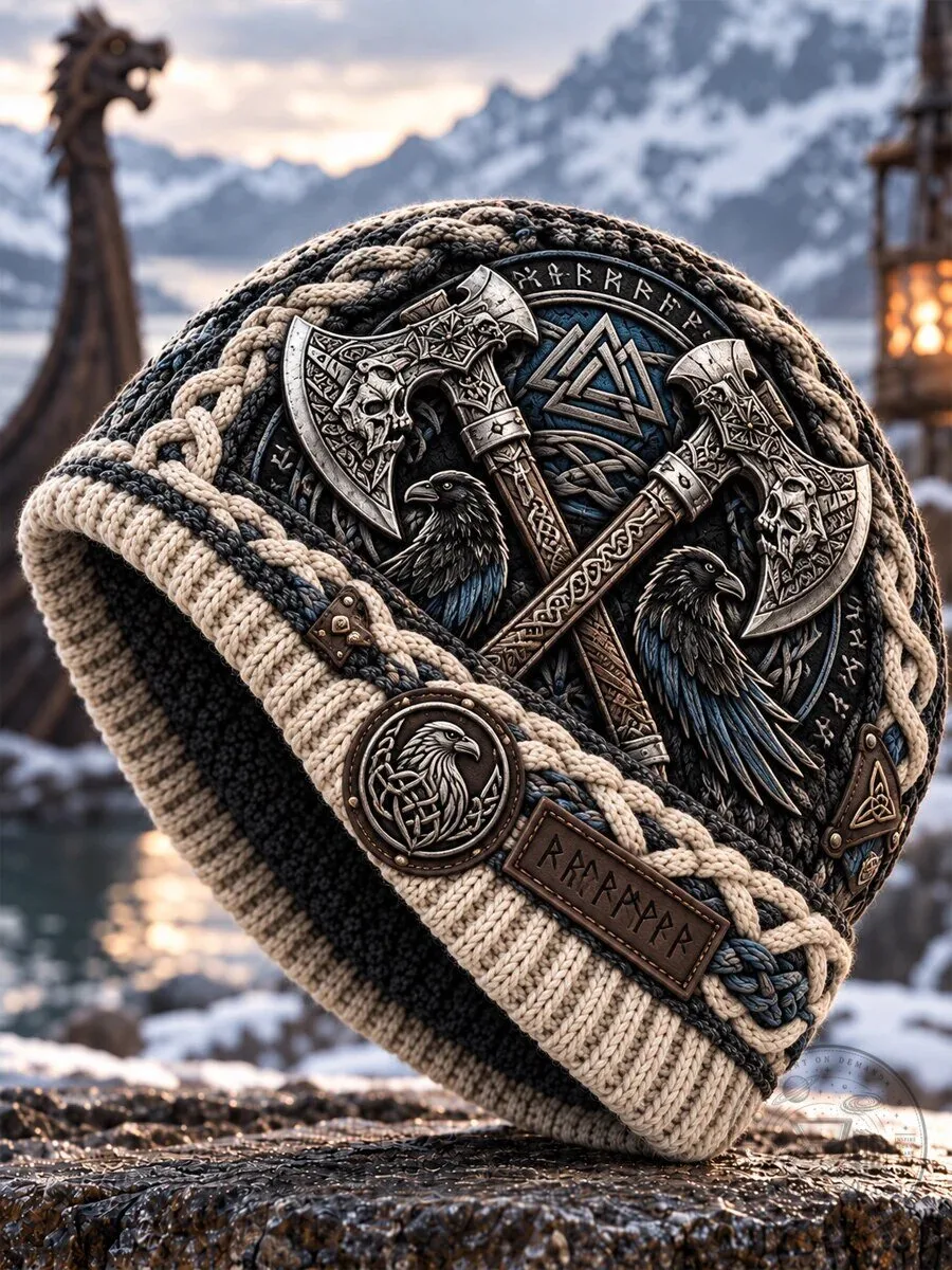 Viking Raven Axe Valhalla Norse Mythology Knitted Beanie Cap Hat 1 Viking Raven Axe Valhalla Norse Mythology Knitted Beanie Cap Hat