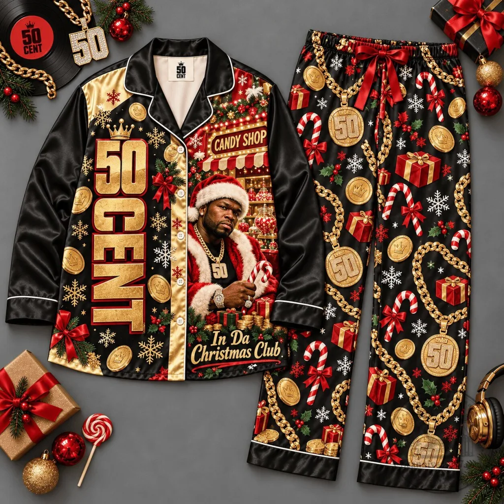 50 Cent In Da Christmas Club Candy Shop Gold Ornament Pattern Pajamas Set 50 Cent In Da Christmas Club Candy Shop Gold Ornament Pattern Pajamas Set