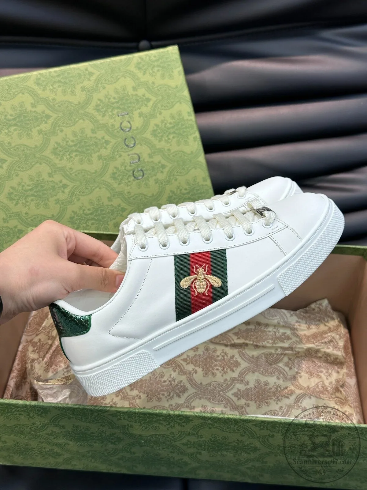 Gucci Ace Embroidered Bee White Leather Low-Top Sneakers Shoes
