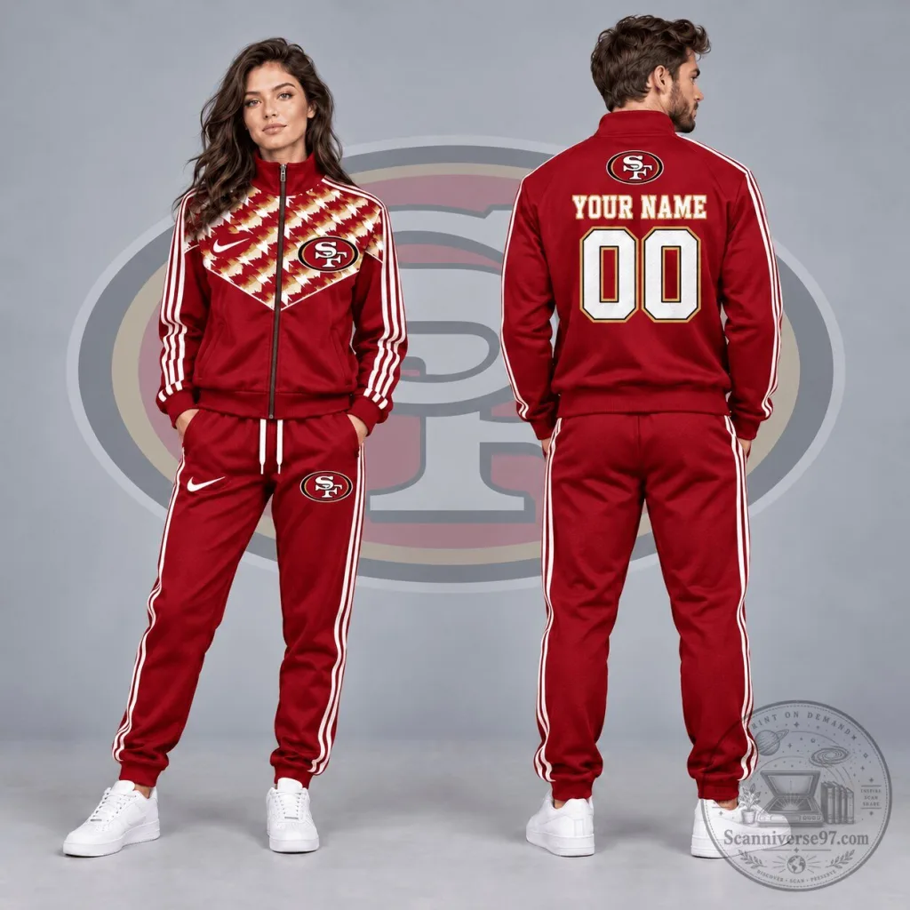 San Francisco 49ers Custom Name Number Tribal Chevron Full Zip Track Jacket San Francisco 49ers Custom Name Number Tribal Chevron Full Zip Track Jacket
