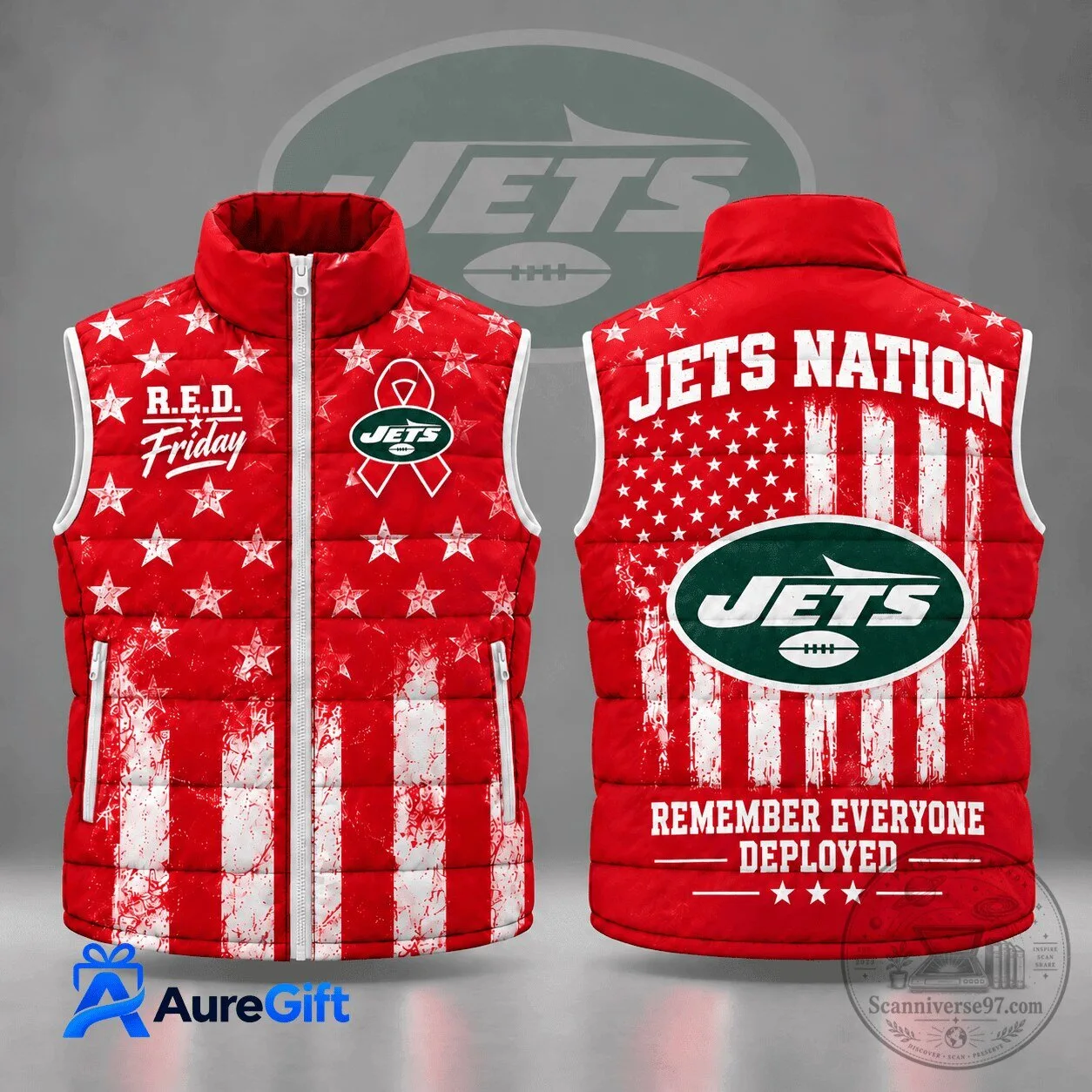 New York Jets Remember Everyone Deployed R.E.D. Friday Stars and Stripes Puffer Vest 1 New York Jets Remember Everyone Deployed R.E.D. Friday Stars and Stripes Puffer Vest