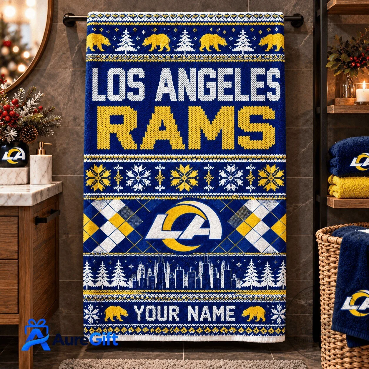 Los Angeles Rams NFL Christmas Ugly Sweater Style Personalized Bath Towel