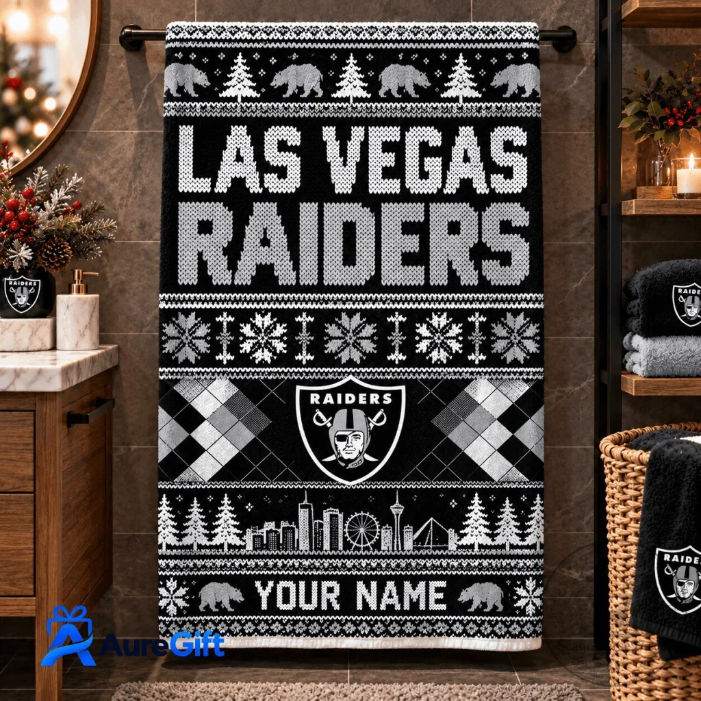 Las Vegas Raiders Ugly Christmas Sweater Style Personalized Bath Towel Las Vegas Raiders Ugly Christmas Sweater Style Personalized Bath Towel