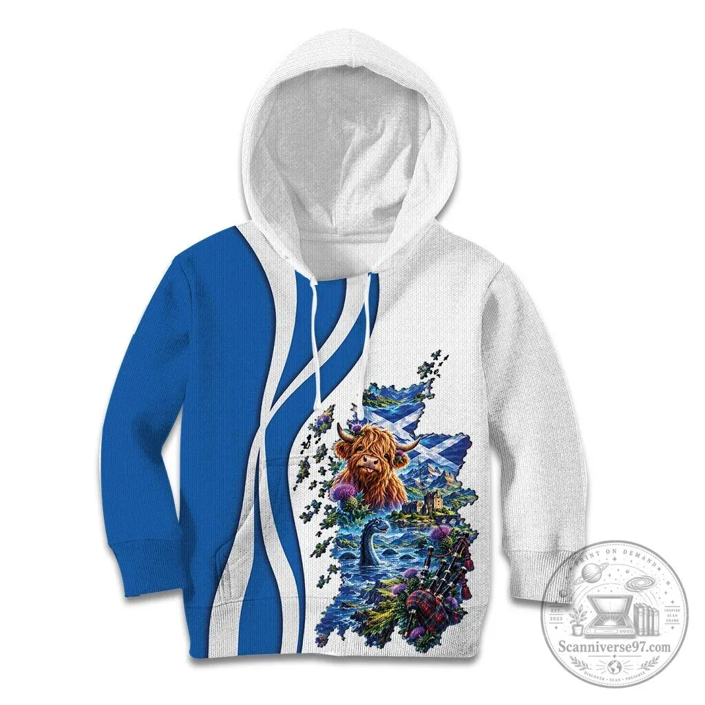 Scotland National Flag and Map Highland Cow Kids Hoodie