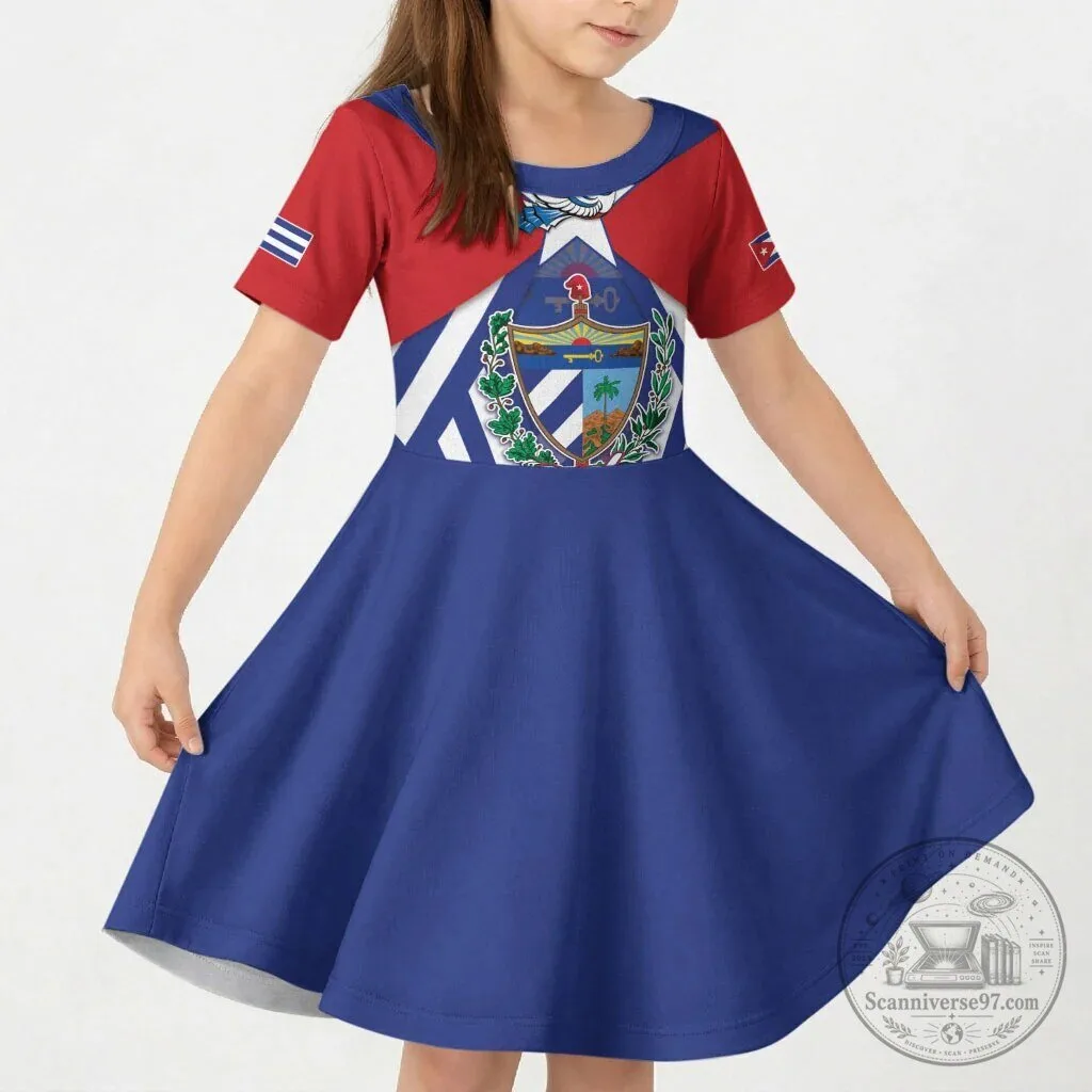 Cuban Flag Kids Dress with Coat of Arms and Cuban Trogon Design