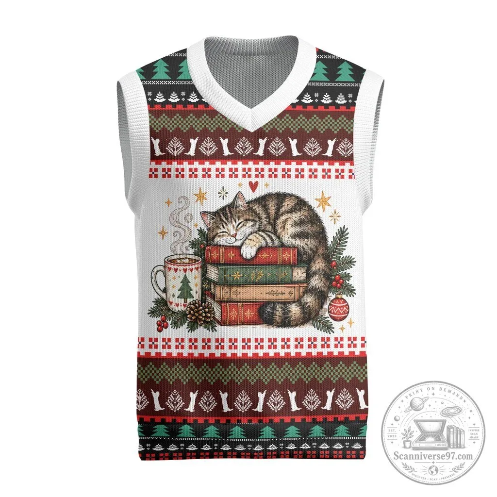 Bookish Cat Christmas Knitted Ugly Sweater Vest for Cozy Reader Fair Isle Pattern