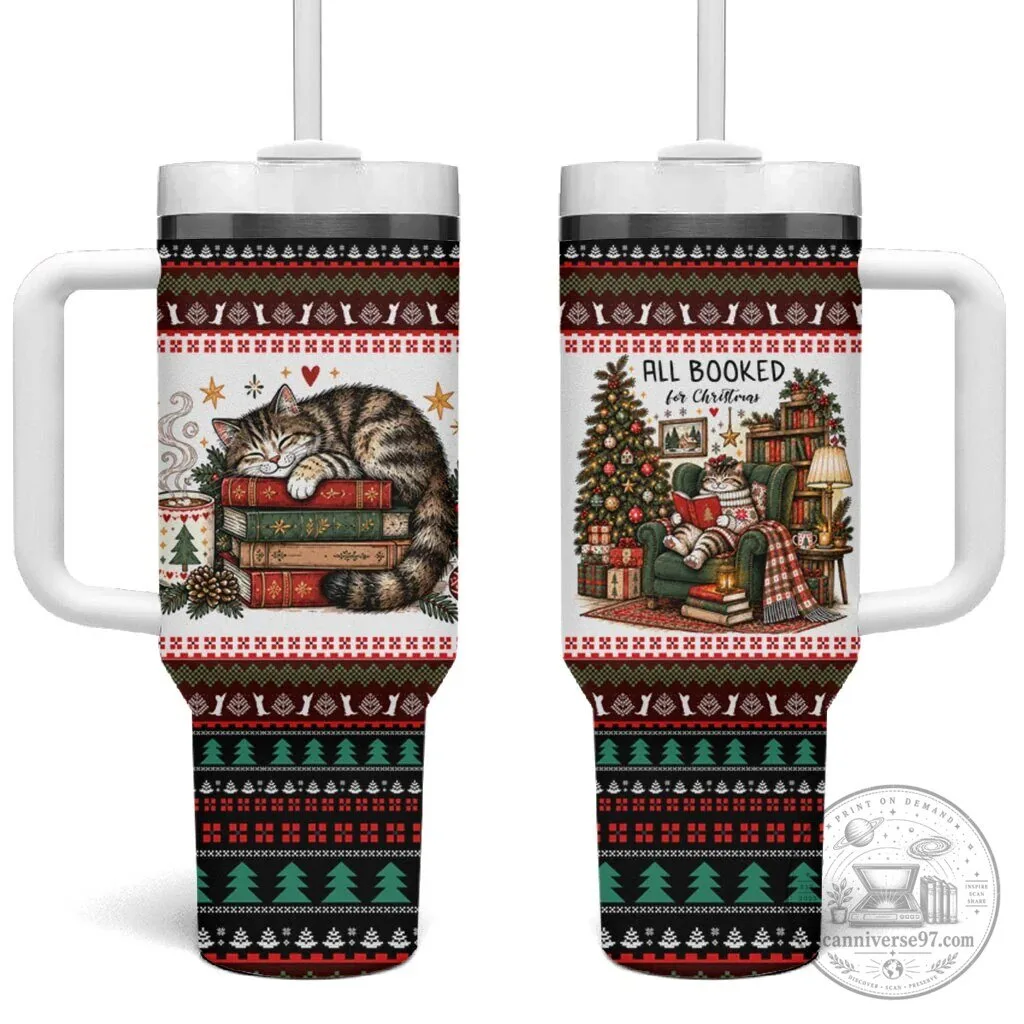 Christmas Bookish Cat Cozy Reader Fair Isle Knit Ugly Christmas Pattern Tumbler