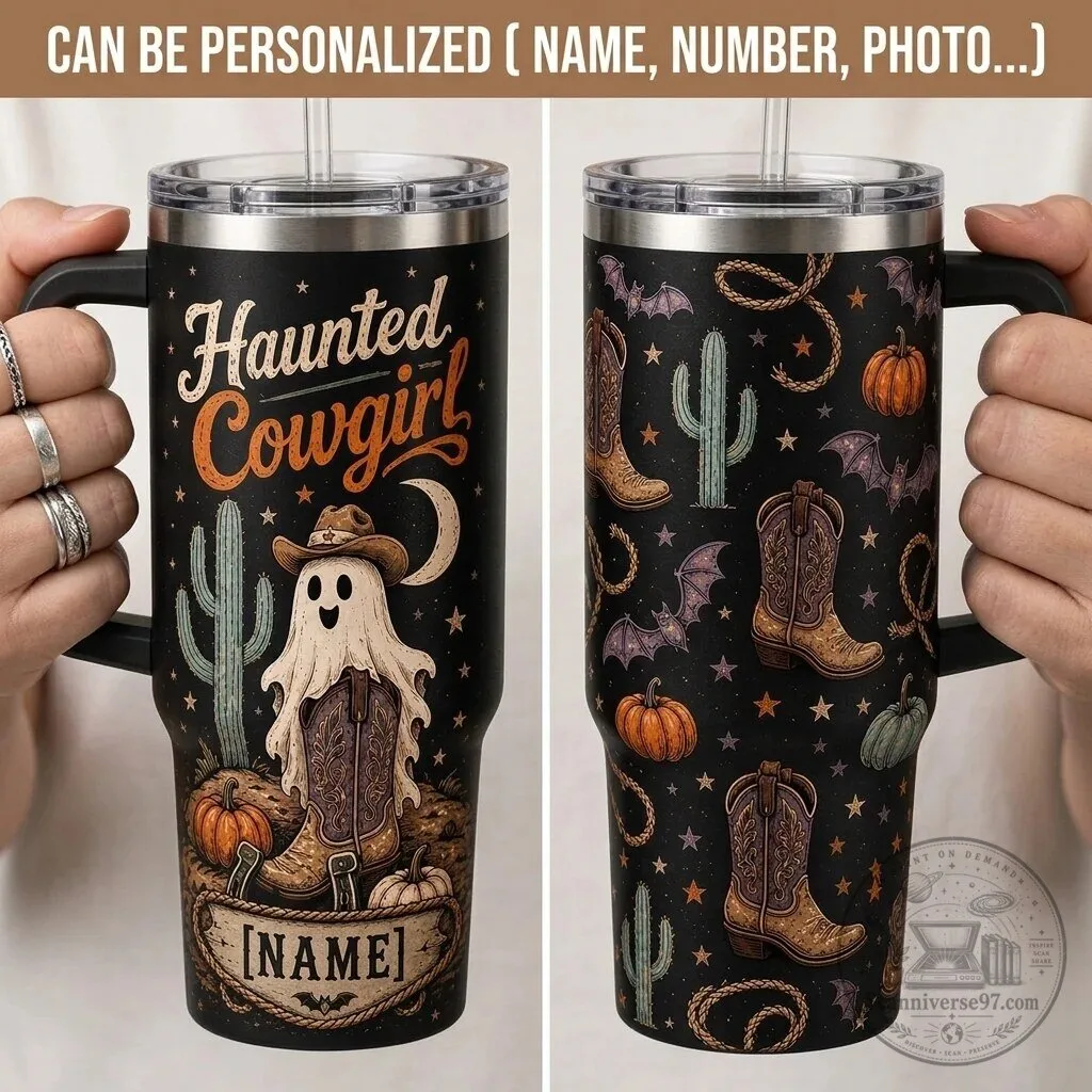 Haunted Cowgirl Ghost Western Halloween Personalized 40oz Tumbler with Handle