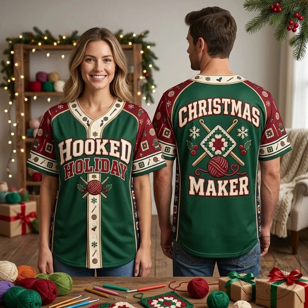 Hooked Holiday Christmas Maker Crochet Yarn Ball Baseball Jersey