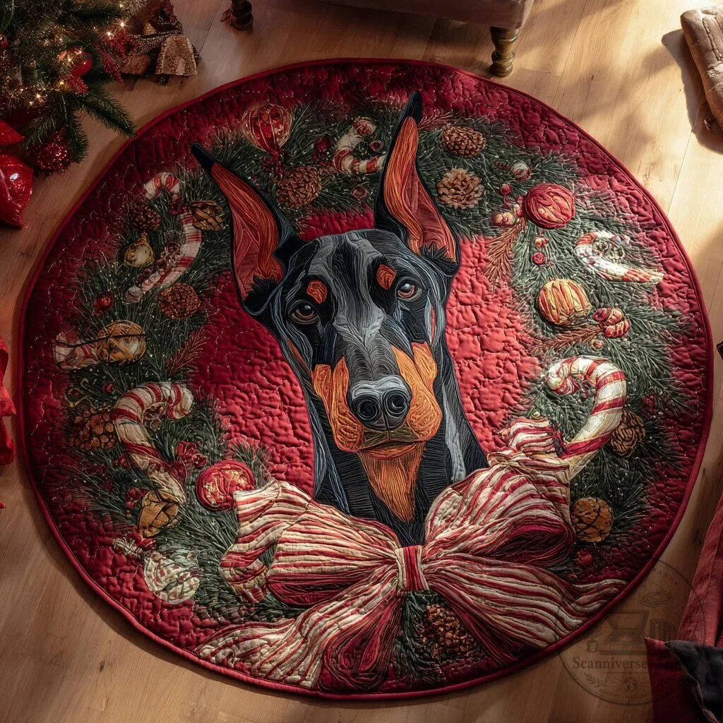 Doberman Pinscher Christmas Candy Cane Wreath Round Rug
