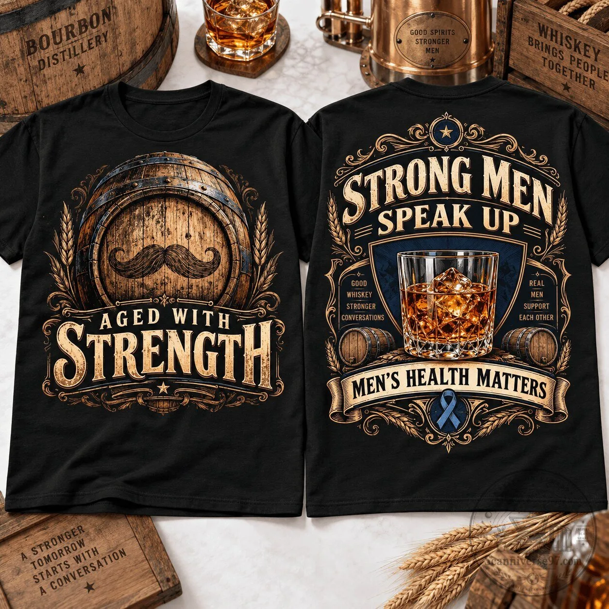 Men's Health Awareness Aged With Strength Whiskey Bourbon Drinker T-Shirt