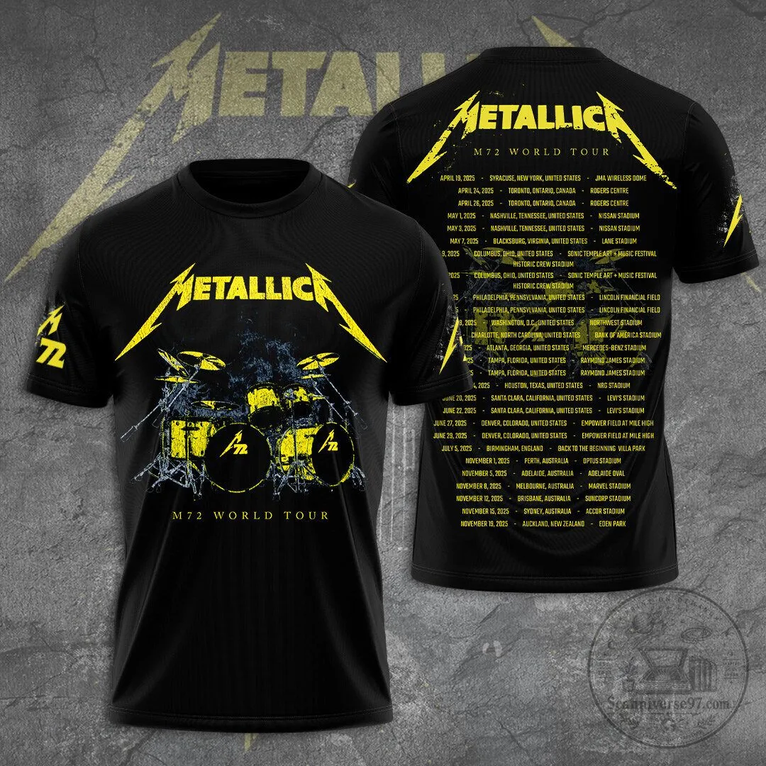Metallica M72 World Tour Drum Kit Black Graphic Band Music T-Shirt