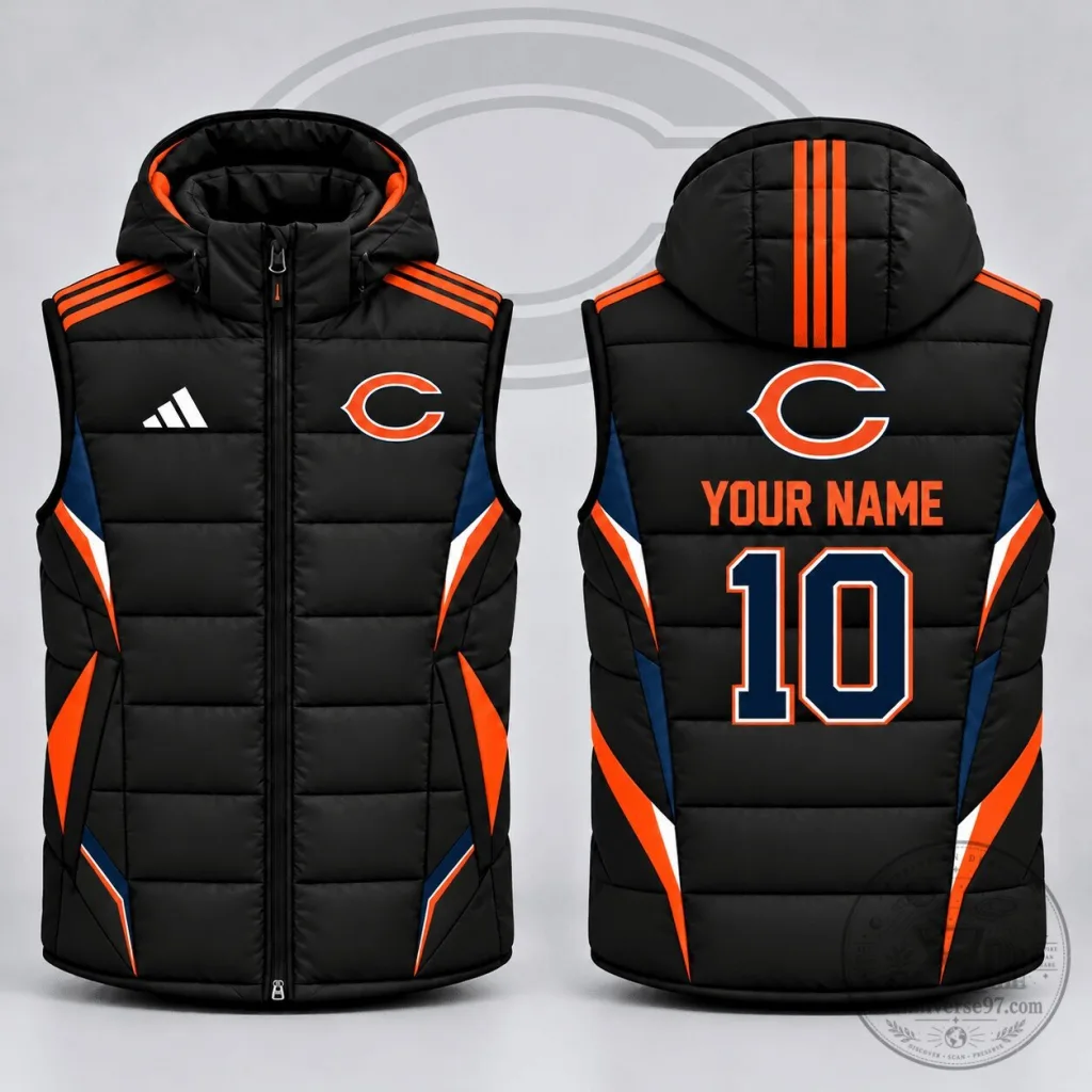 Chicago Bears Custom Name Number Athletic Stripe Hooded Puffer Vest Jacket Chicago Bears Custom Name Number Athletic Stripe Hooded Puffer Vest Jacket