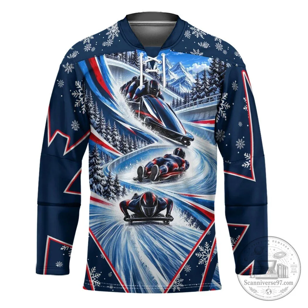 Winter Sports Bobsleigh Luge Skeleton Ice Racing Snowflakes Hockey Jersey