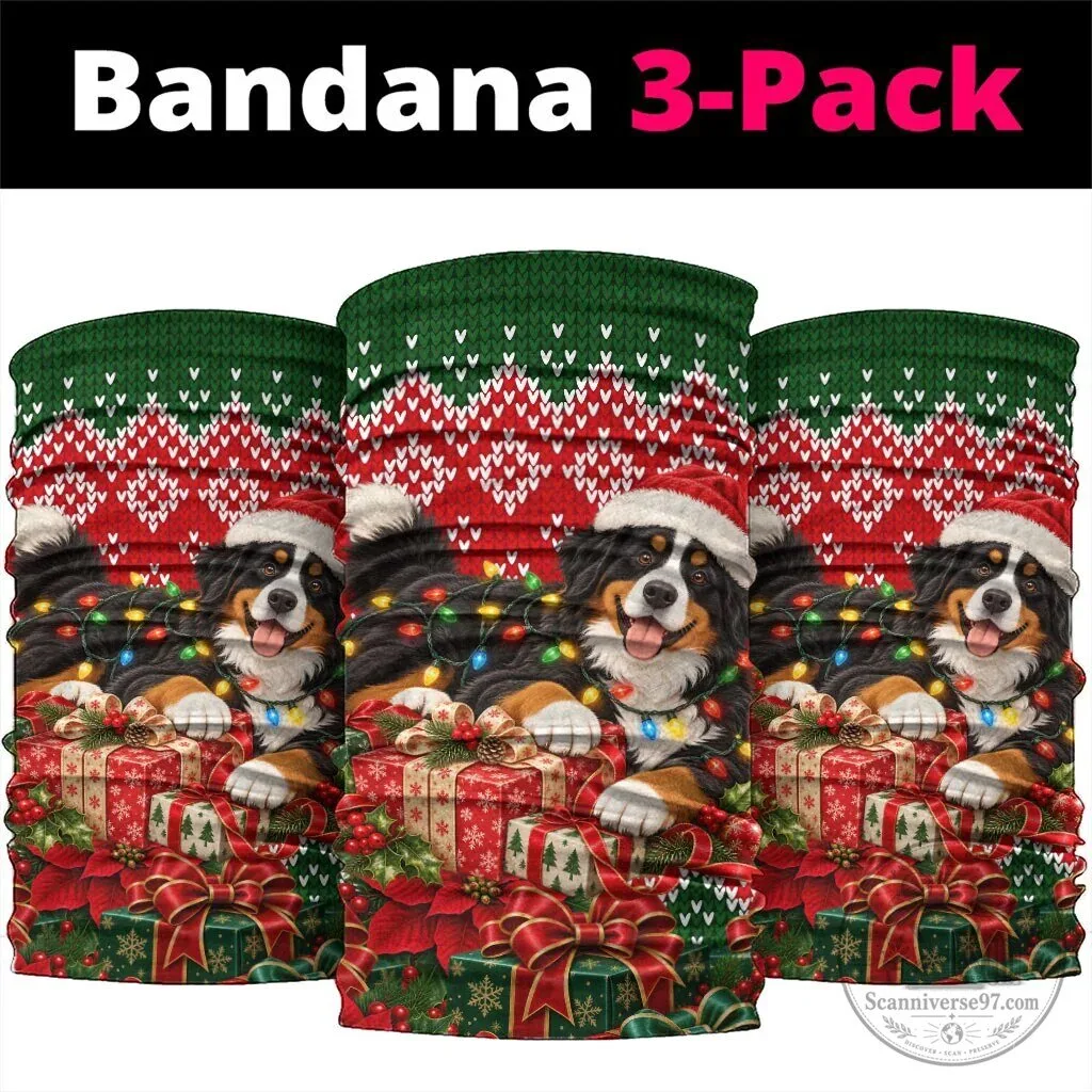 Bernese Mountain Dog Christmas Neck Gaiter Bandana with Santa Hat and Festive Lights