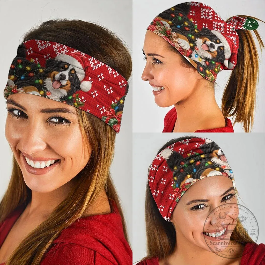 Bernese Mountain Dog Christmas Neck Gaiter Bandana with Santa Hat and Festive Lights 5 Bernese Mountain Dog Christmas Neck Gaiter Bandana with Santa Hat and Festive Lights