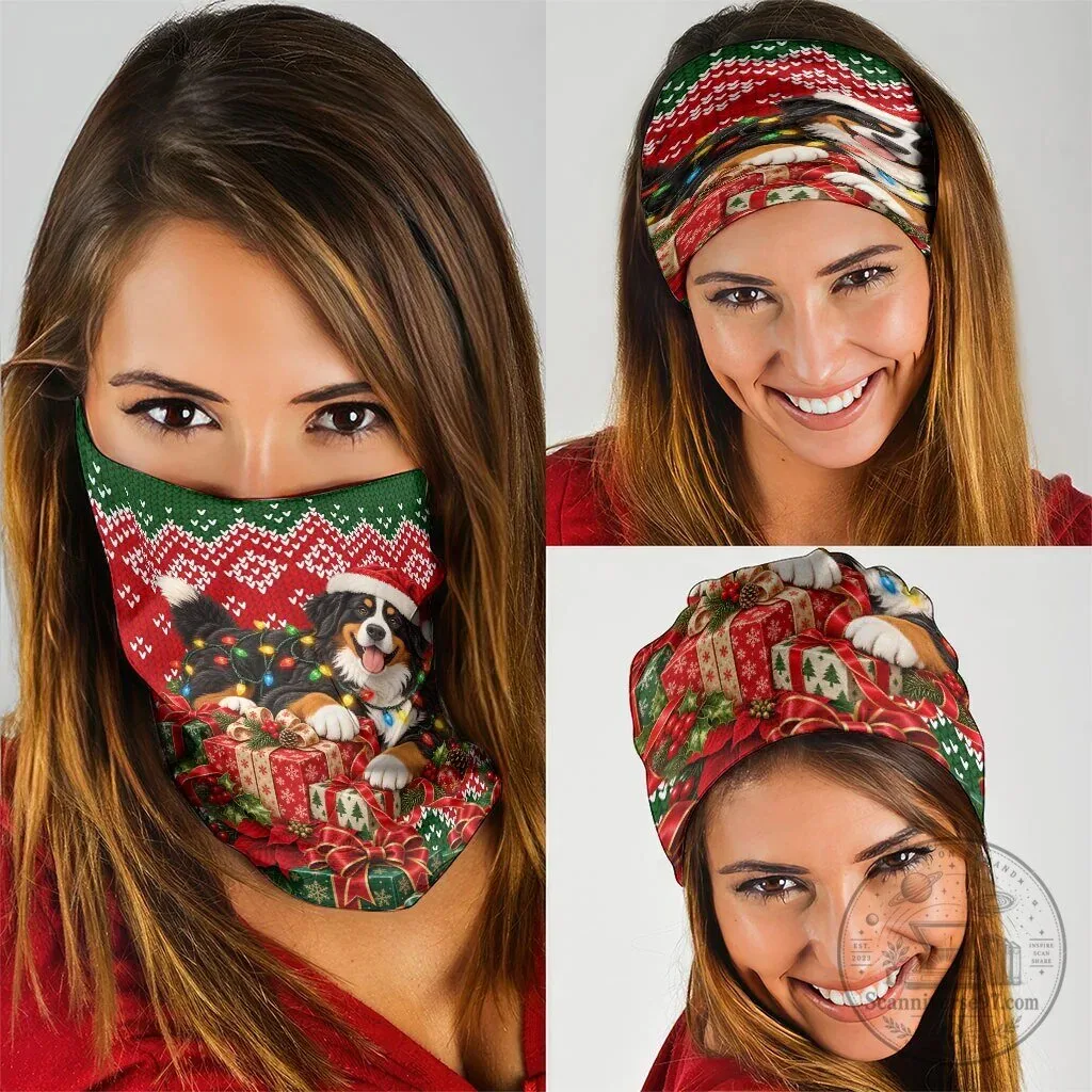 Bernese Mountain Dog Christmas Neck Gaiter Bandana with Santa Hat and Festive Lights 6 Bernese Mountain Dog Christmas Neck Gaiter Bandana with Santa Hat and Festive Lights