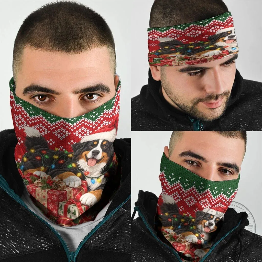 Bernese Mountain Dog Christmas Neck Gaiter Bandana with Santa Hat and Festive Lights 7 Bernese Mountain Dog Christmas Neck Gaiter Bandana with Santa Hat and Festive Lights