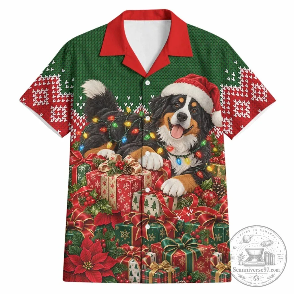 Bernese Mountain Dog Christmas Hawaiian Shirt Santa Hat Festive Lights Gift Box