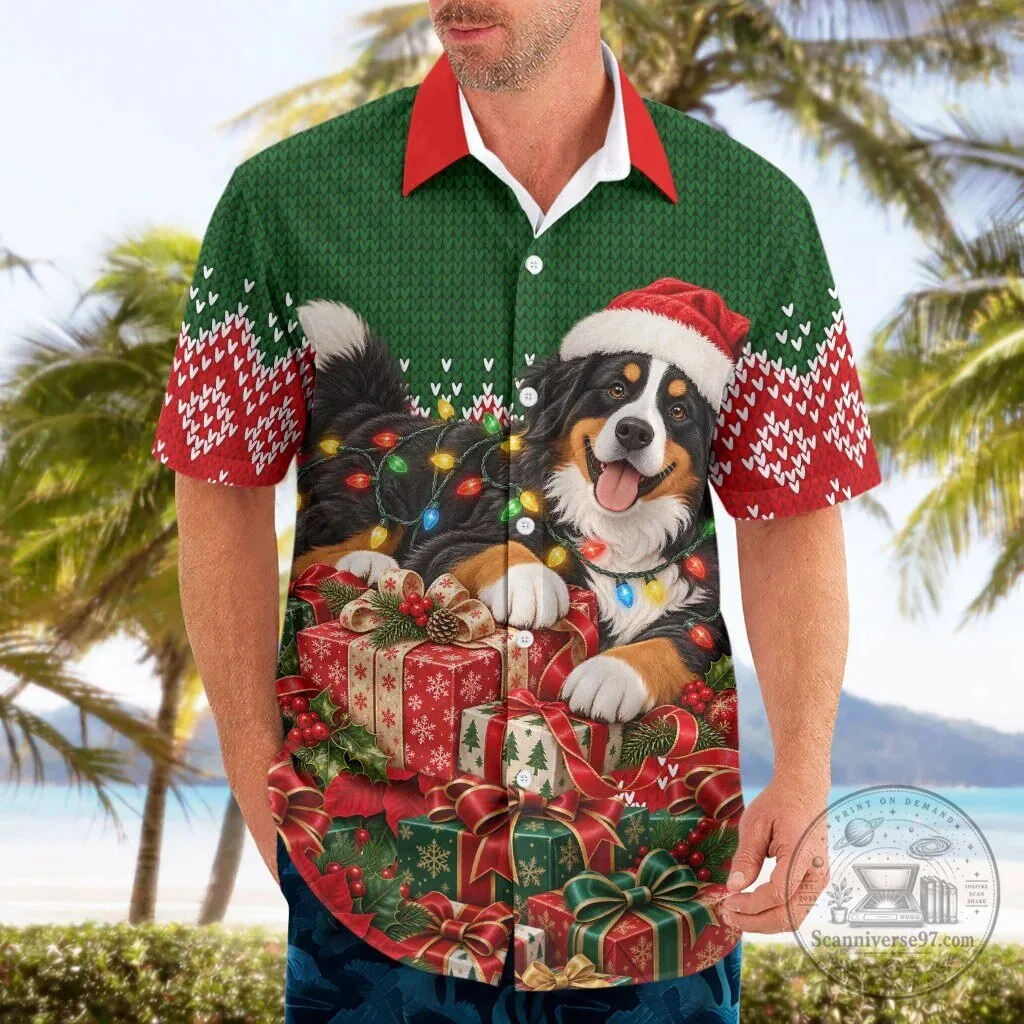 Bernese Mountain Dog Christmas Hawaiian Shirt Santa Hat Festive Lights Gift Box 8 Bernese Mountain Dog Christmas Hawaiian Shirt Santa Hat Festive Lights Gift Box